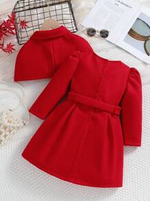 SHEIN 幼兒女童雙排扣裝飾腰帶洋裝外套套裝 - 紅色 - 查看 2