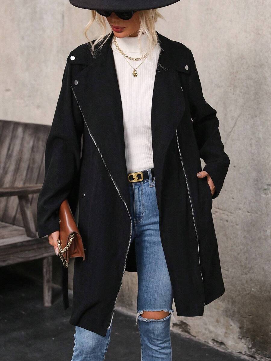 SHEIN Clasi Sharp Lapel Zipper Front Belted Coat - Black - View 1