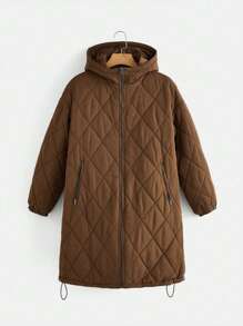 SHEIN Pregnant Women's Hooded Quilted Jacket With Check Pattern For Maternity - Brown - View 9