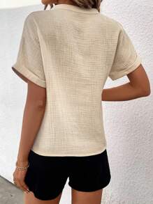 Chiquease Ladies' Simple Solid Color V-neck Short Sleeve Shirt - Apricot - View 2