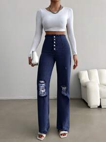 RueChic Vaqueros De Mezclilla Desgastados Con Bragueta De Botones Para Mujer