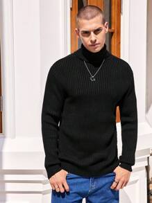 Manfinity Hypemode 男士純色高領毛衣 - 黑色 - 查看 1