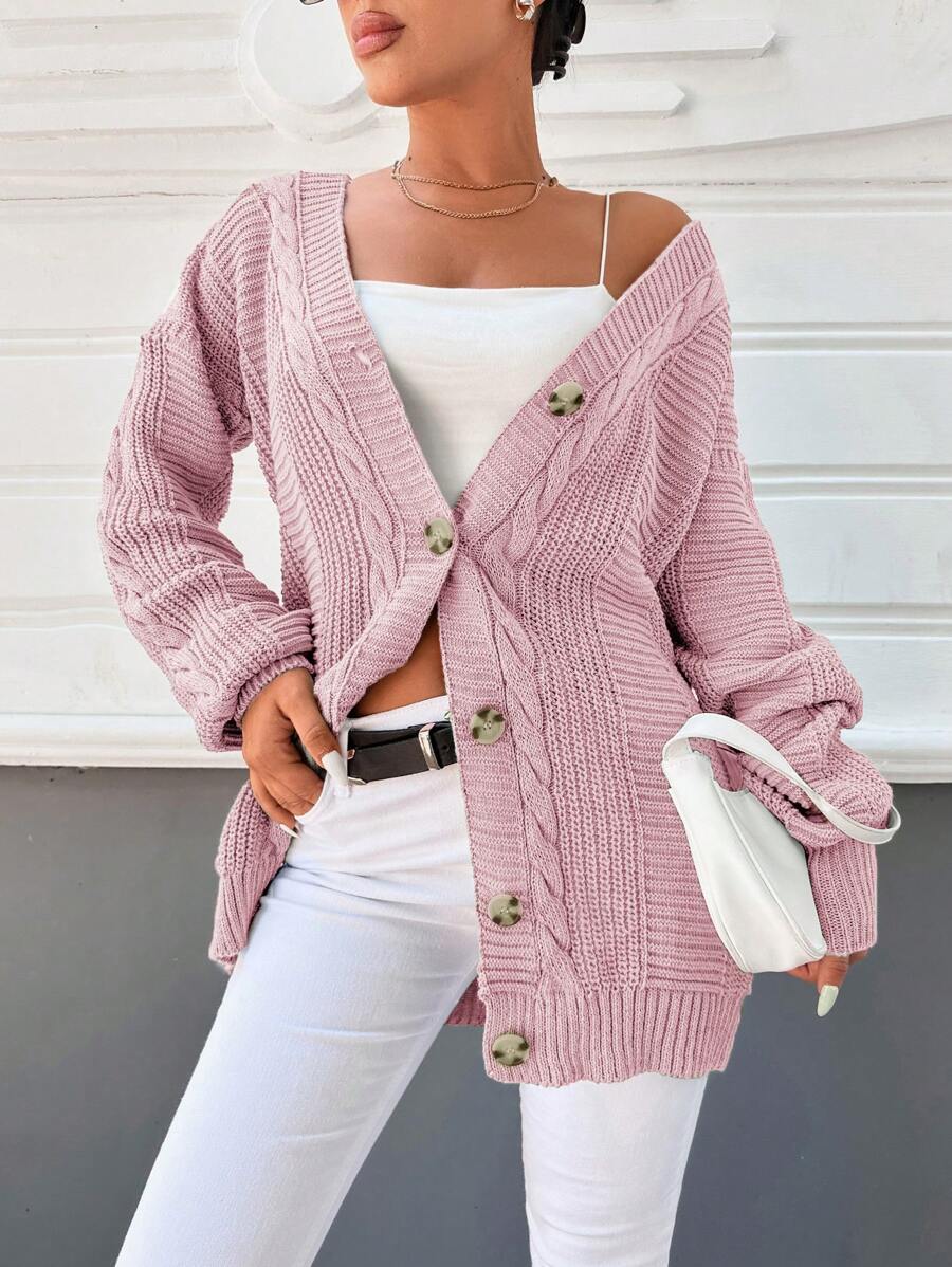 EURMUSE Cable Knit Drop Shoulder Cardigan - Pink - View 1