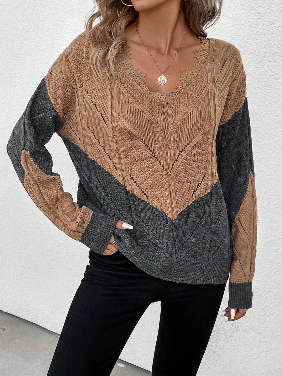 SHEIN LUNE 蕾絲拼接拼色毛衣 - 彩色 - 查看 1