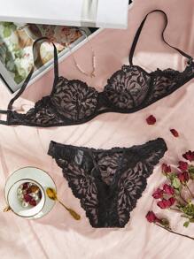 Charlaine Floral Lace Underwire Bra & Panty Lingerie Set - Black - View 1