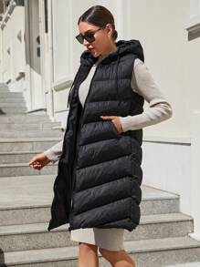 EURMUSE Zip Up Hooded Puffer Vest Coat - Black - View 4