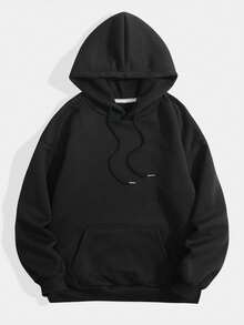 SHEIN EZwear 卡通和字母圖案袋鼠口袋抽繩加絨內裏連帽衫 - 黑色 - 查看 2