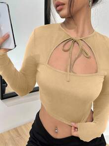 SHEIN Unity 繫帶領口長袖修身女 T 卹 - 卡其色 - 查看 6