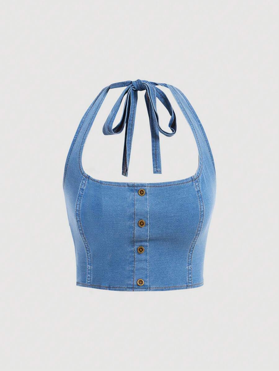 SHEIN EZwear 女士時尚短款繫頸牛仔上衣 - 藍色 - 查看 1