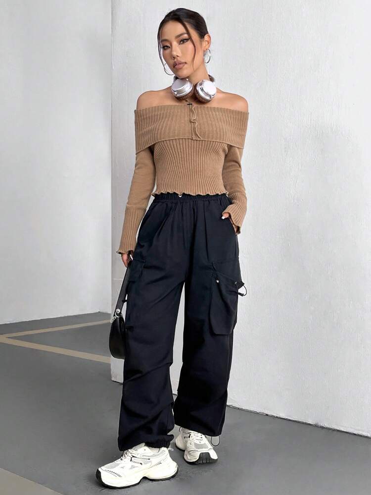 Off Shoulder Long Sleeve Ribbed Knit Pullover Fall Winter Sweater