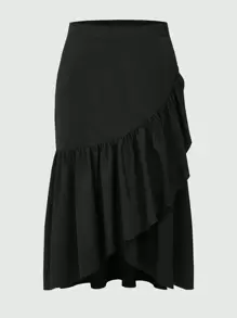 ROMWE Fairycore 大尺寸不對稱下擺荷葉邊裙 - 黑色 - 查看 1