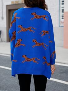 SHEIN LUNE Của phụ nữ Phim hoạt hình động vật Mẫu Thả vai Áo len - Màu xanh lam - Xem 2