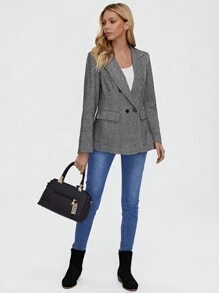 EMERY ROSE Lapel Neck Double Button Blazer - Dark Grey - View 4