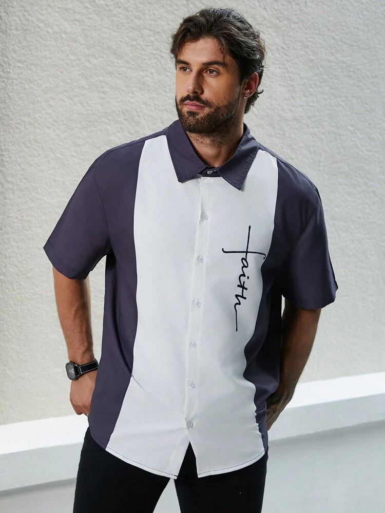 Men's Plus Size Letter Printed Color Block Shirt