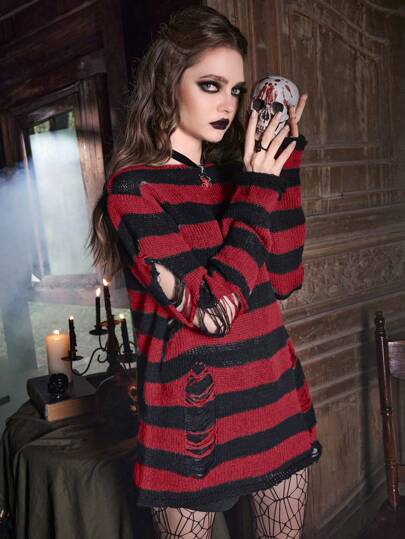Goth Suéter rasgado a rayas para mujer, Top de manga larga
