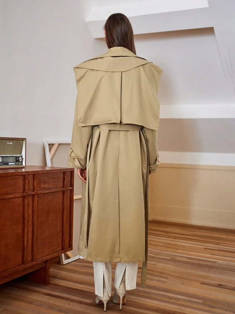 Women's Casual Trench Coat With Lapel Collar & Waist Belt