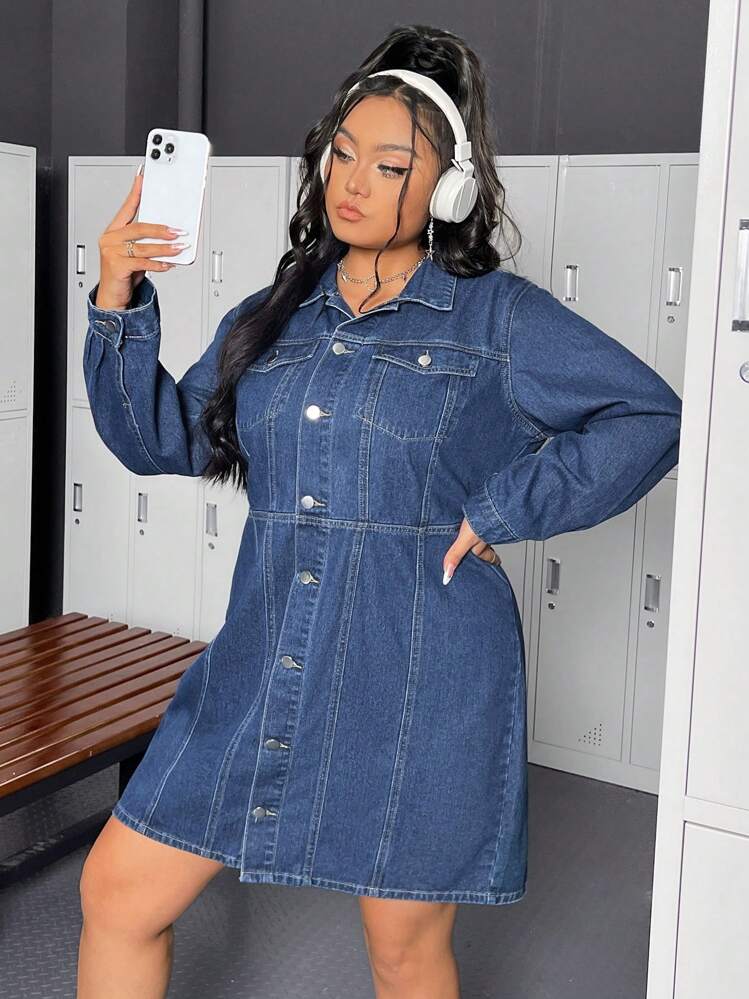 SHEIN EZwear Plus Size Long Sleeve Denim Dress SHEIN