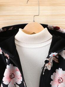 SHEIN 1件女童花卉印花連帽外套,適用於度假風格,秋冬季節 - 黑色 - 查看 5