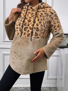 SHEIN Pregnant Women's Leopard Print Fleece Sportswear For Maternity, For Winter - Khaki - View 4