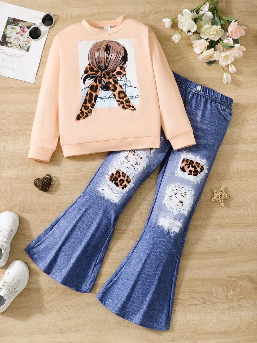 SHEIN Conjunto De Dos Piezas Para Niña Adolescente: Sudadera Con Estampado De Figura Y Pantalones Acampanados Con Estampado De Efecto Denim - Multicolor - Ver 1