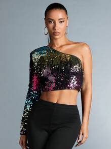 SHEIN BAE Women's One Shoulder Sequin Cropped Top - Hot Pink - View 4