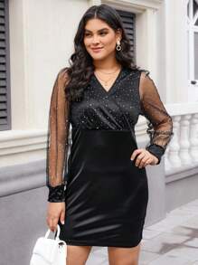 SHEIN Unity Plus Size Mesh Contrast V-Neck Bodycon Dress - Black - View 5