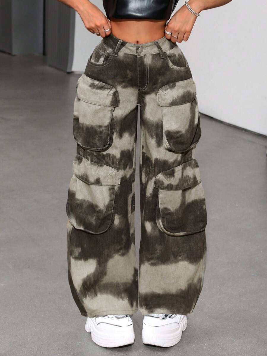 SHEIN ICON Women's Tie Dye Cargo Jeans - Multicolor - View 1