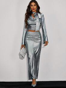 Allurite V領,泡泡袖,連帶綁帶前面設計上衣和褶皺裙子套裝