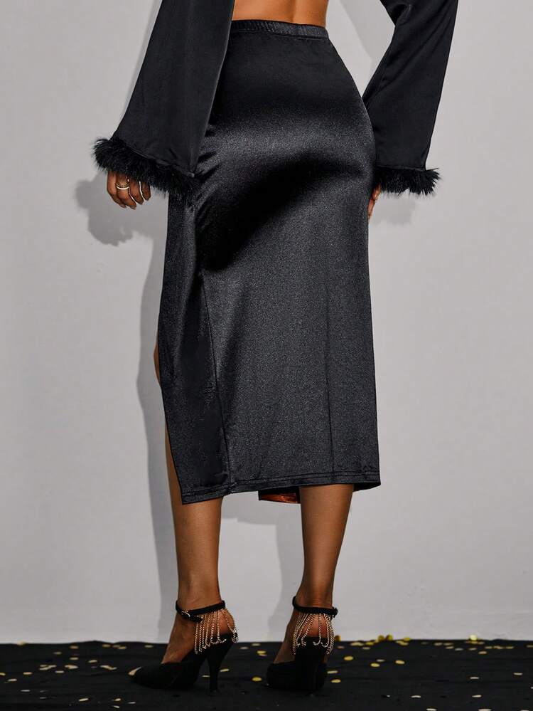 Women'S Color Block High Side Slit Skirt