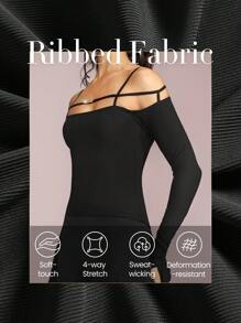 GLOWMODE 肋插紋性感辣妹名牌冷肩上衣 - 黑色 - 查看 4