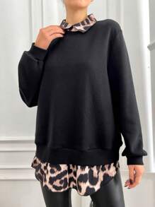 Cloudara Plus Size  Leopard Print 2 In 1 Sweatshirt - Black - View 4