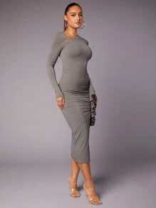 SHEIN BAE Asymmetrical Neck Ruffle Trim Split Thigh Dress - Grey - View 6