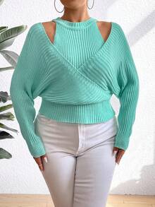 Celure Plus Size Solid Color Hollow Out Wrap Sweater Pullover Knit Pullover Fall Winter Sweater - Mint Green - View 4