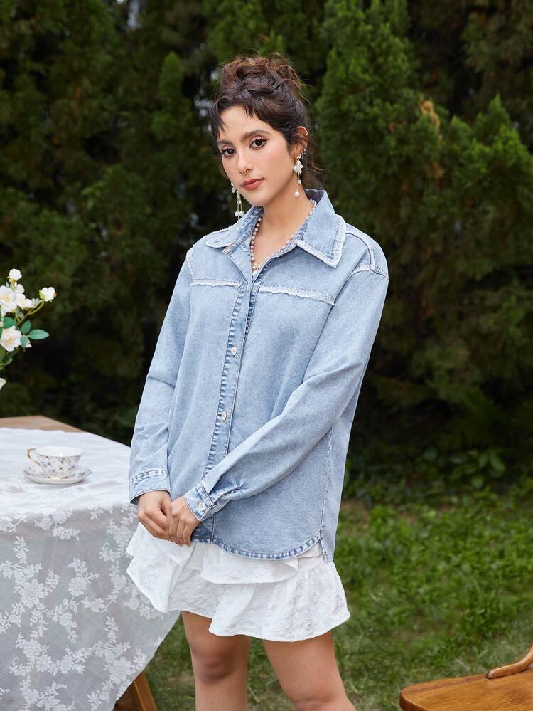 Women's Casual Denim Top With Fringe Design