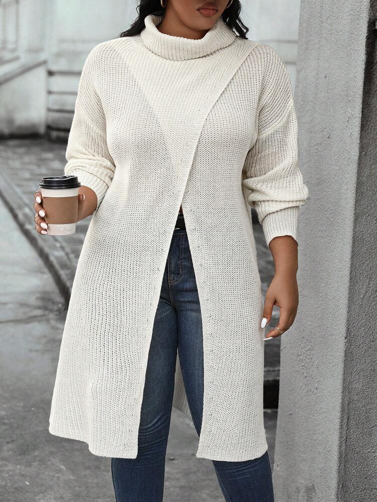 Women's Plus Size Solid Color High Neck Drop Shoulder Split Hem Sweater Knit Pullover Fall Winter Sweater