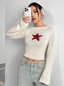 Flirla Áo len nữ thời trang ngắn họa tiết ngôi sao, dáng ôm, tay dài, kiểu áo chui đầu dệt kim mùa thu đông. - Màu be - Xem 5