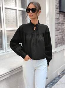 SHEIN Essnce 女士打結領長袖襯衫 - 黑色 - 查看 5