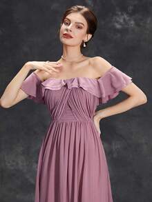 Off Shoulder Ruffle Trim Chiffon Bridesmaid Dress - Redwood - View 3
