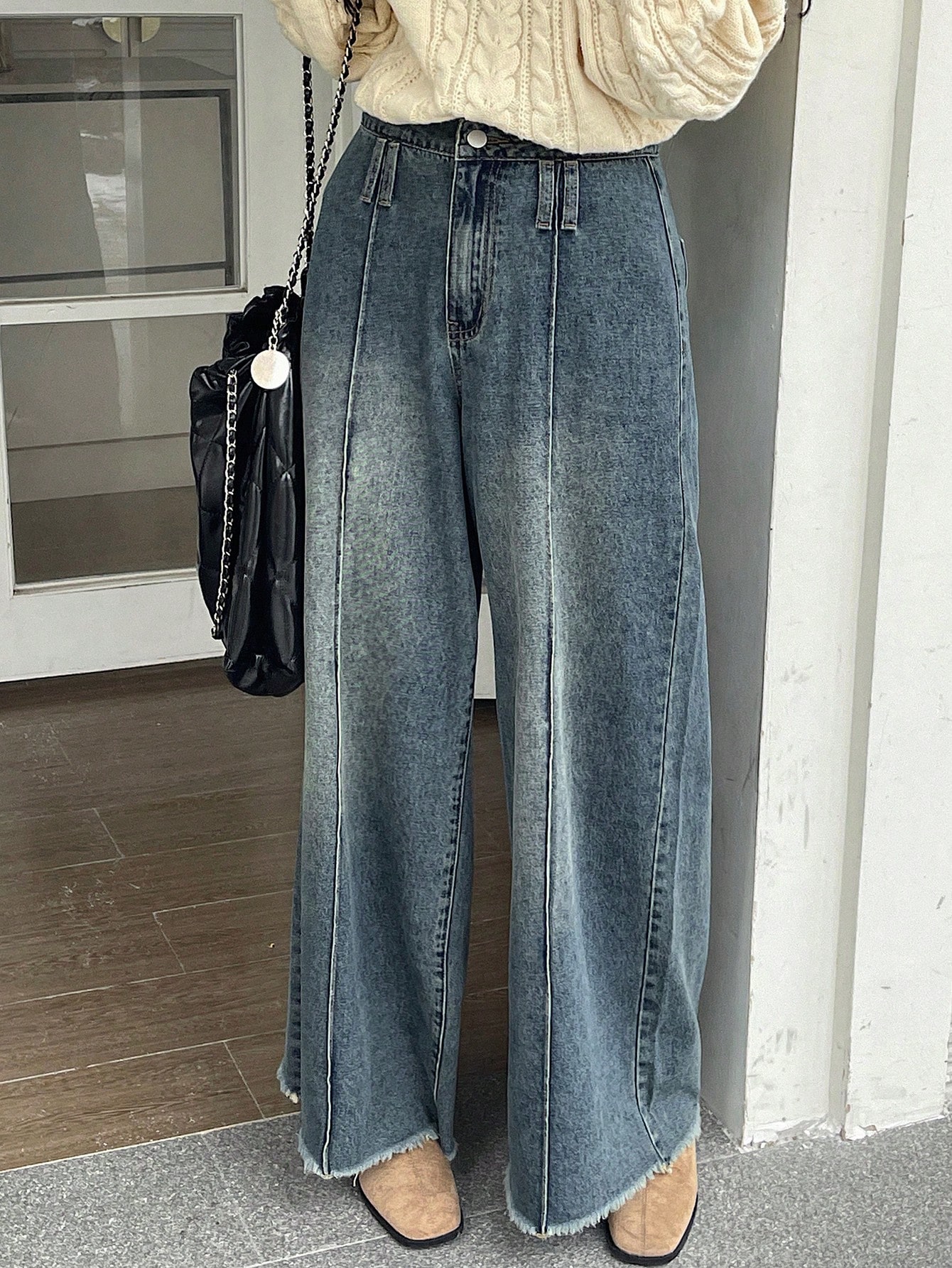 DAZY بنطلون جينز نسائي واسع مع حافة مبرودة، جينز و...