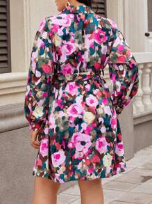 Franclia Plus Size Flower Printed Belted Dress - Multicolor - View 2