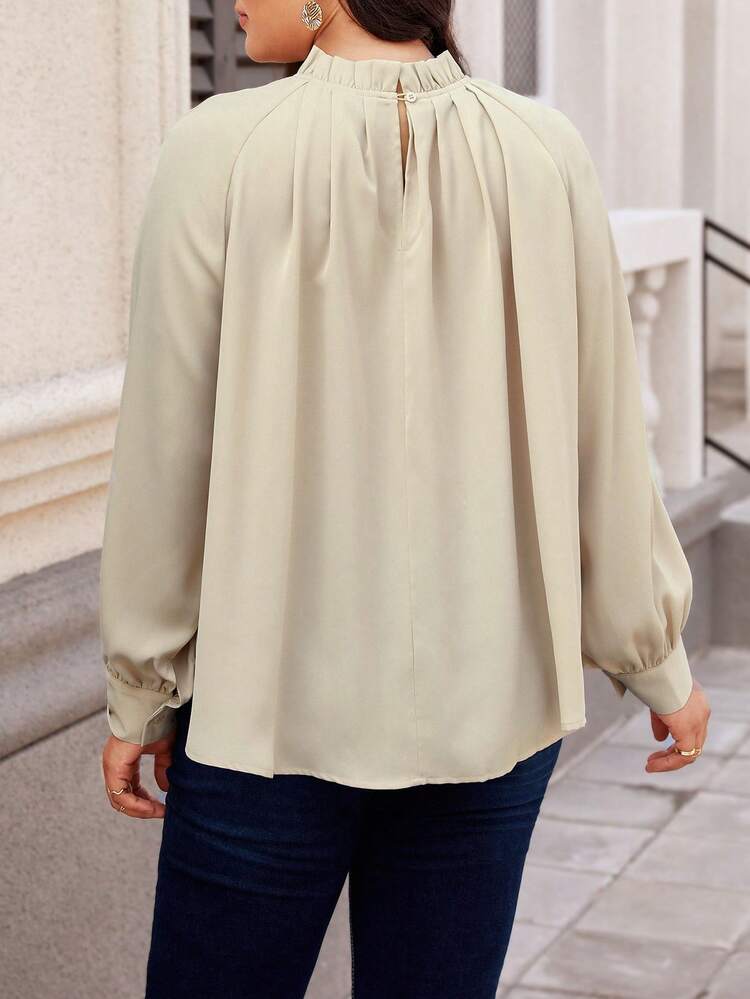 Women's Plus Size Solid Color Frilled Collar Pintucked Shirt With Ruffle Trim