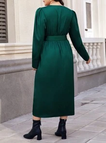 SHEIN Clasi Dress Ukuran Plus Berikat Membungkus Plain Anggun - Dark Green - View 2