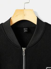 SHEIN EZwear 1pc Letter Graphic Drop Shoulder Zip Up Bomber Jacket In Fall/Winter - Black - View 4
