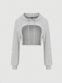 SHEIN Unity 女款高低羅紋連帽運動衫 - 淺灰色 - 查看 1