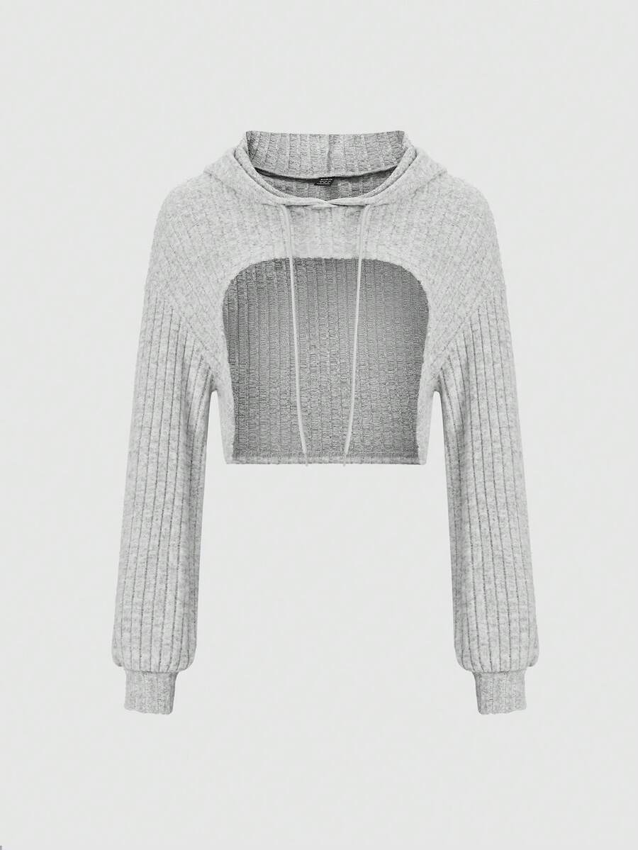 SHEIN Unity 女款高低羅紋連帽運動衫 - 淺灰色 - 查看 1