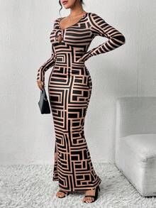 SHEIN Clasi Geo Print Cut Out Knot Front Mermaid Hem Dress - Multicolor - View 4