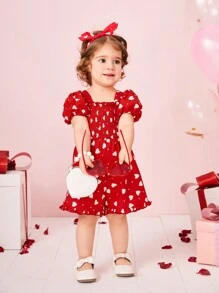 SHEIN 嬰兒女孩休閒波點短袖收縮連身衣,附頭帶 - 紅色 - 查看 4