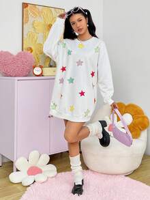 SHEIN Qutie 女性星星印花下垂肩套頭衫 - 白色 - 查看 4