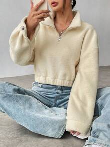 SHEIN Unity 女士短款毛绒休闲时尚套头卫衣秋季卫衣 - 杏色 - 查看 5