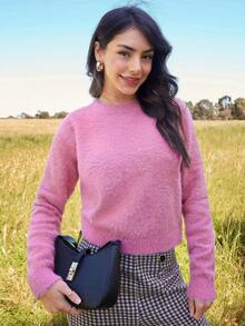 SHEIN Frenchy Solid Fluffy Knit Sweater - Pink - View 7
